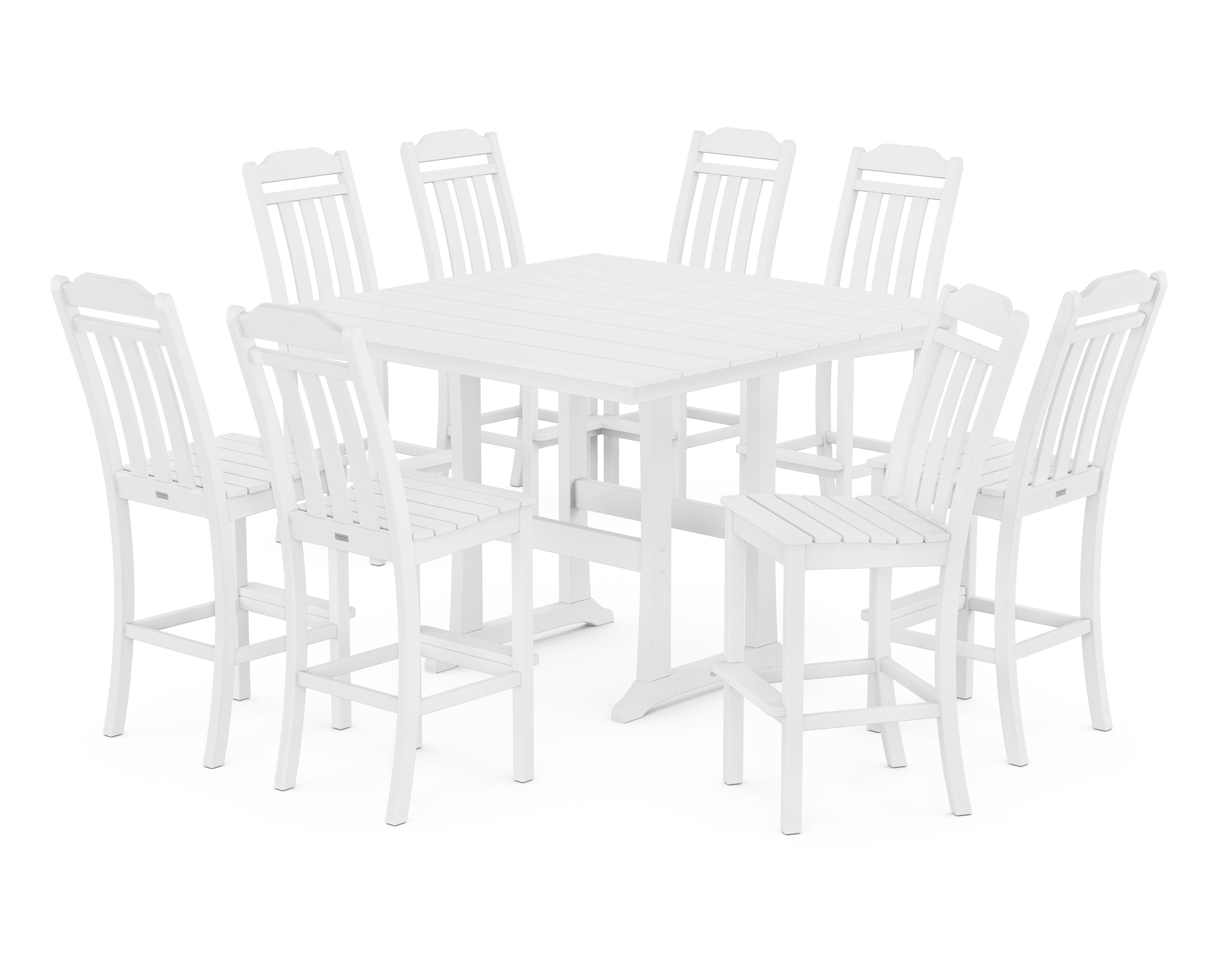 Country Living Cottage 9-Piece Square Farmhouse Side Chair Bar Set with Trestle Legs in White