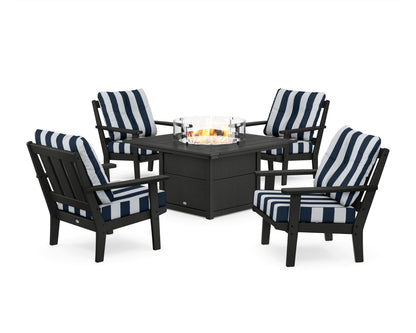 POLYWOOD® Oxford 5-Piece Deep Seating Set with Fire Pit Table in Black / Cabana Stripe Marine Indigo