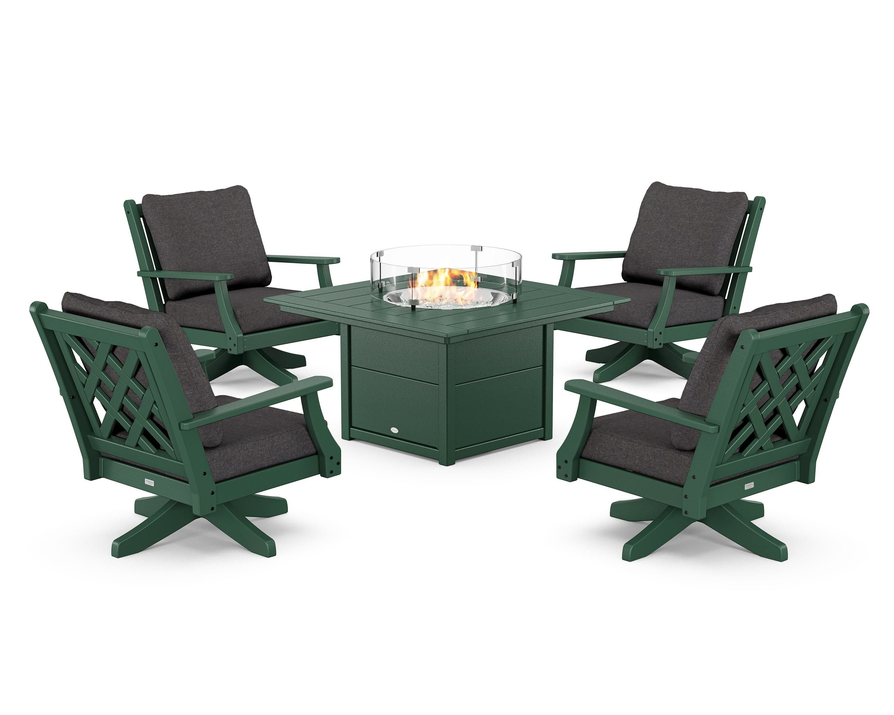 Country Living Wovendale 5-Piece Deep Seating Swivel Conversation Set with Fire Pit Table in Green / Ash Charcoal