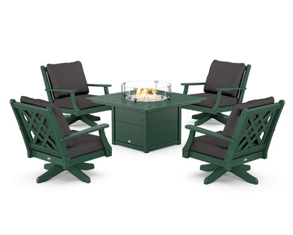 Country Living Wovendale 5-Piece Deep Seating Swivel Conversation Set with Fire Pit Table in Green / Ash Charcoal