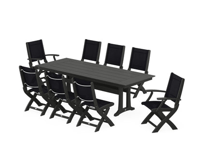 POLYWOOD® Coastal 9-Piece Folding Dining Chair Farmhouse Dining Set with Trestle Legs in Black / Black Sling