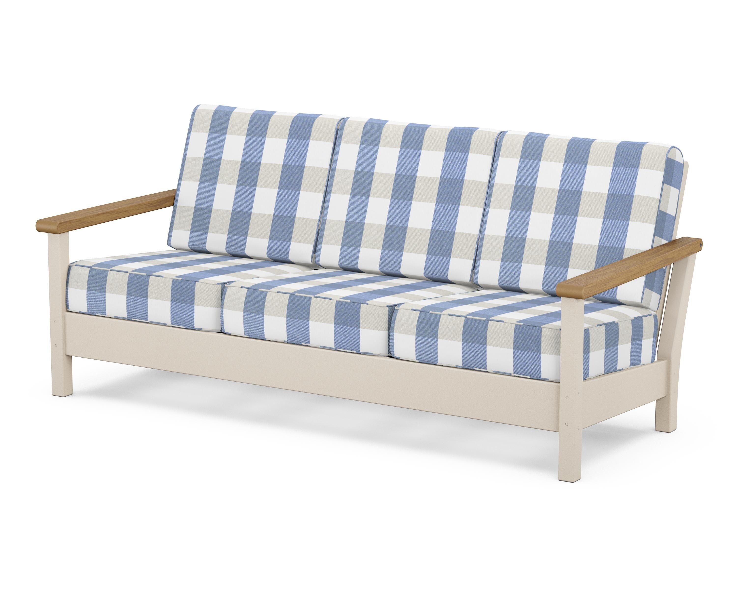 POLYWOOD® Harbour Deep Seating Sofa in Sand / Natural / Buffalo Plaid Sky Blue