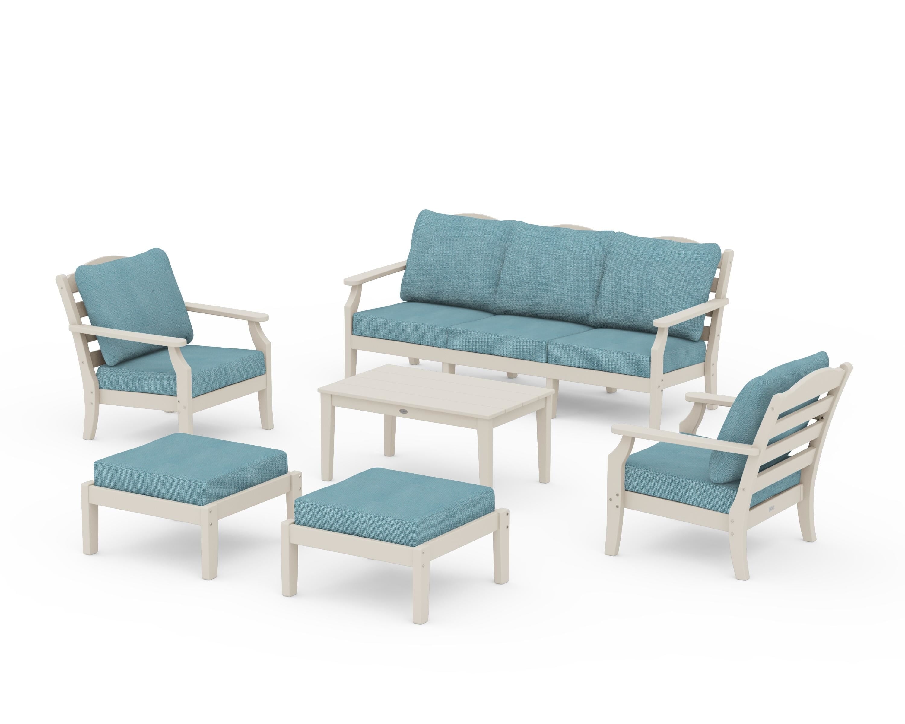 Draper James™ by  POLYWOOD® Savannah 6-Piece Lounge Sofa Set in Sand / Lattice Sky Blue