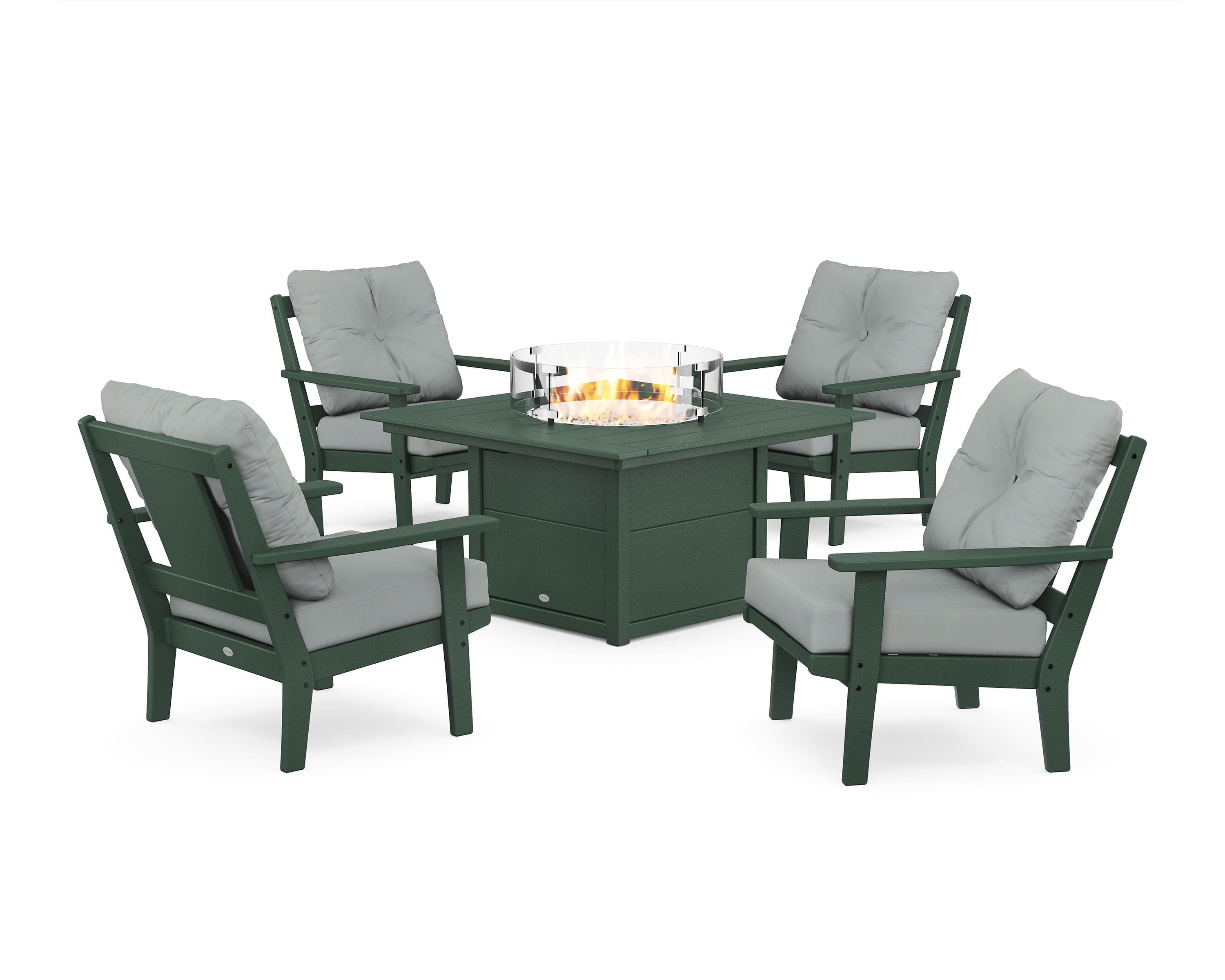 POLYWOOD® Prairie 5-Piece Deep Seating Set with Fire Pit Table in Green / Spa