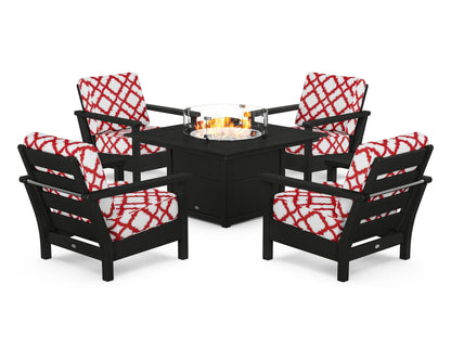 POLYWOOD® Harbour 5-Piece Conversation Set with Fire Pit Table in Black / Trellis Crimson
