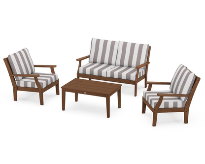 POLYWOOD® Braxton 4-Piece Deep Seating Chair Set in Teak / Cabana Stripe Grey Mist
