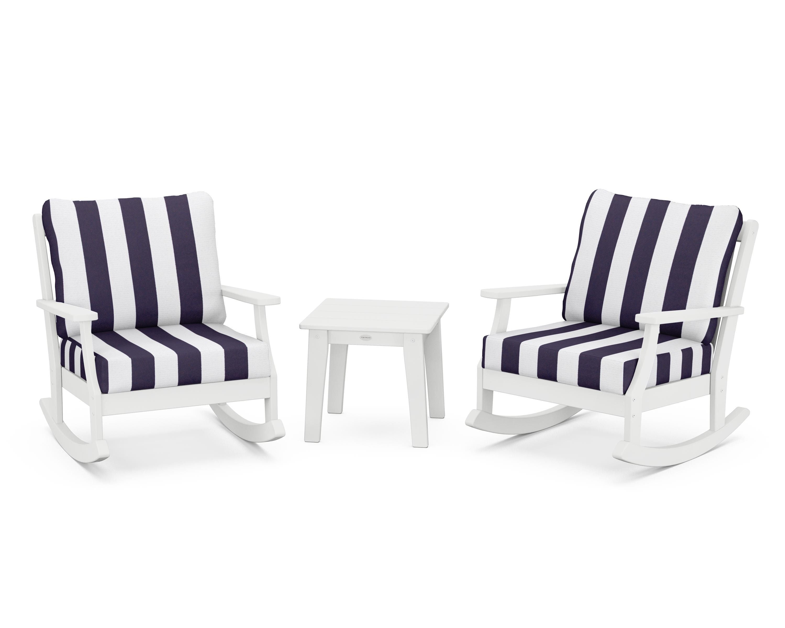 POLYWOOD® Braxton 3-Piece Deep Seating Rocker Set in White / Cabana Stripe Navy