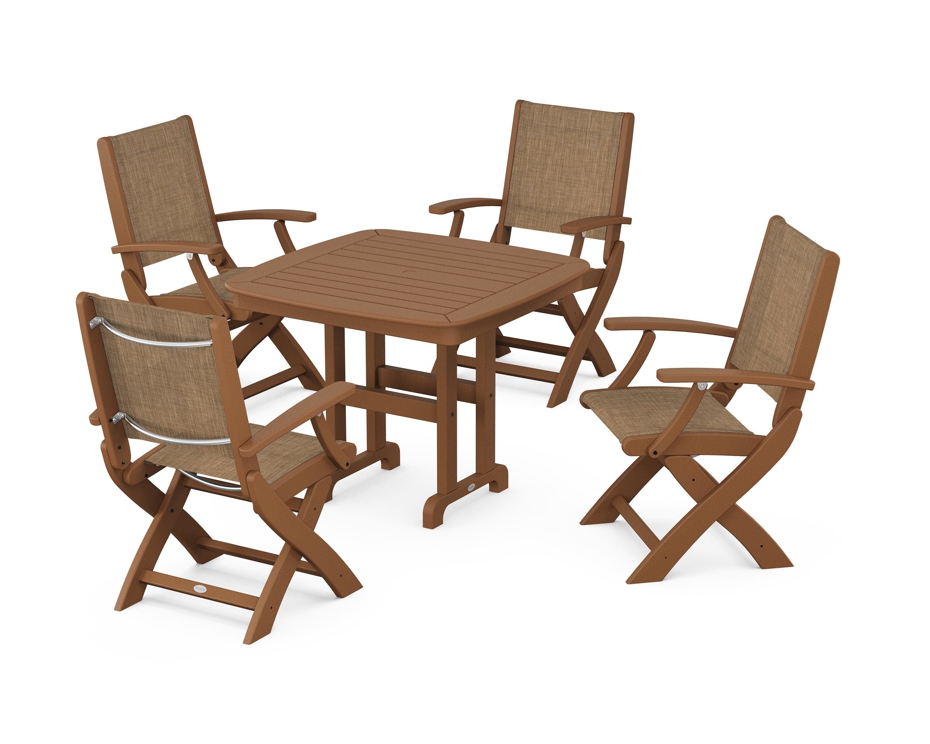 POLYWOOD® Coastal Folding Chair 5-Piece Dining Set in Teak / Burlap Sling