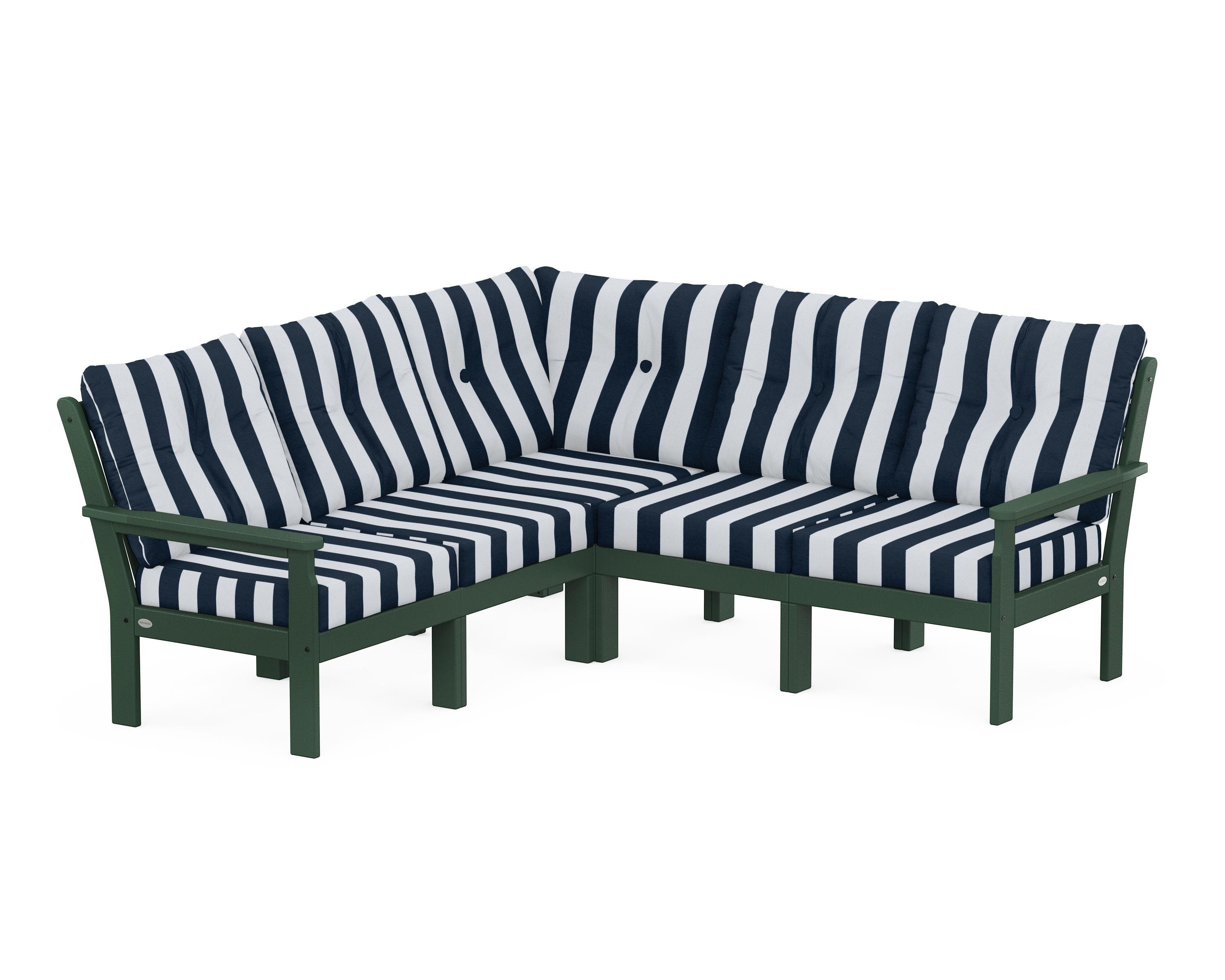 POLYWOOD® Vineyard 5-Piece Sectional in Green / Cabana Stripe Marine Indigo