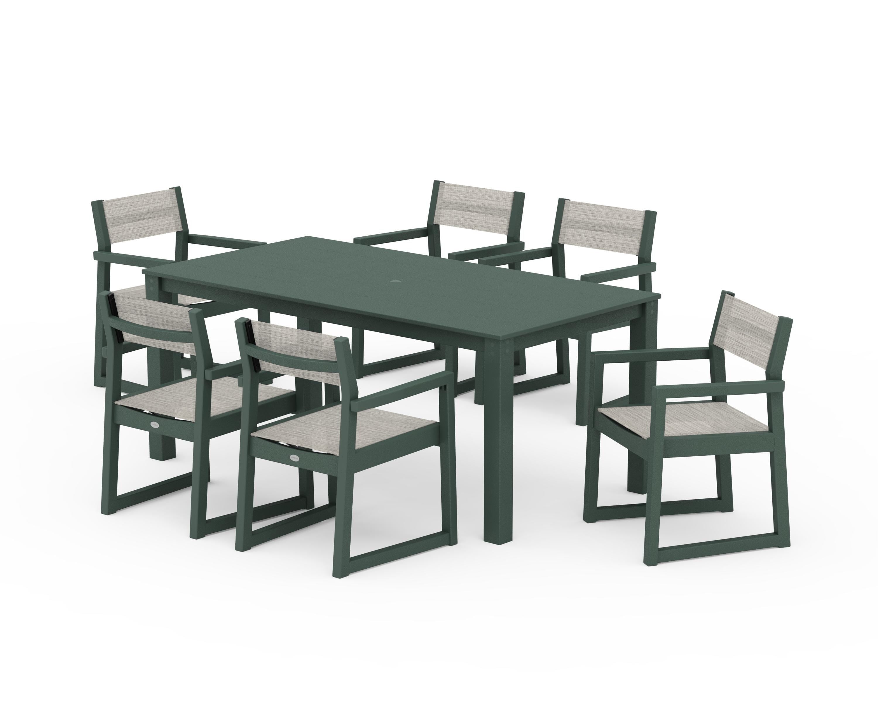 POLYWOOD® EDGE Sling Arm Chair 7-Piece Parsons Dining Set in Green / Birch Sling