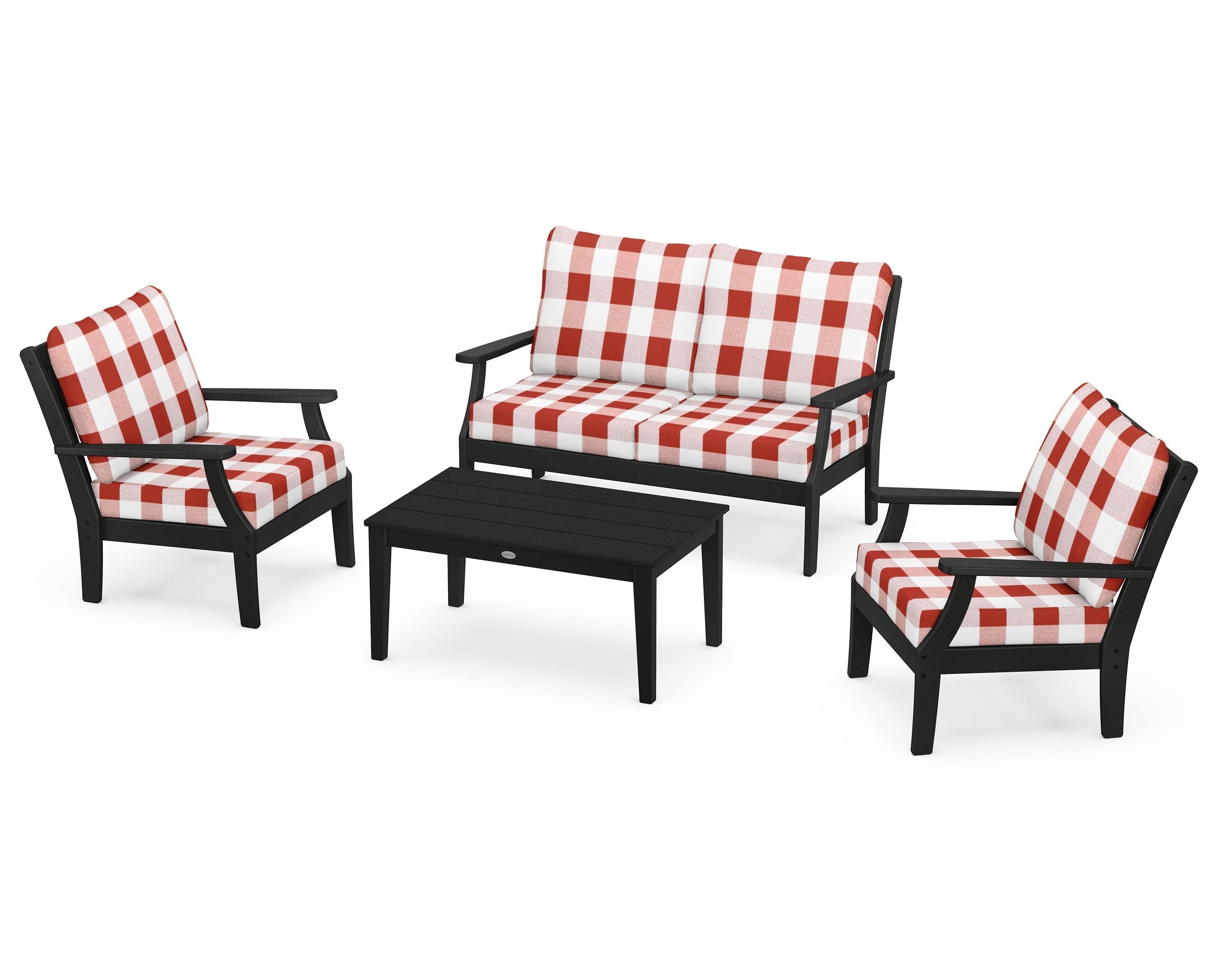POLYWOOD® Braxton 4-Piece Deep Seating Chair Set in Black / Buffalo Plaid Crimson