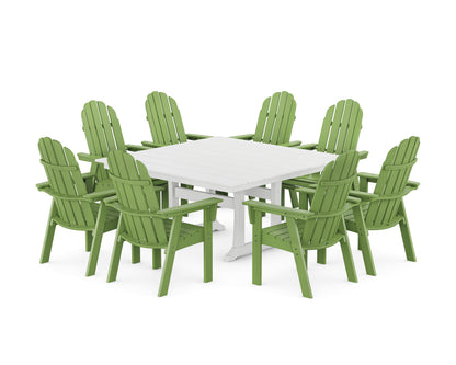 POLYWOOD® Vineyard Curveback Adirondack 9-Piece Square Farmhouse Dining Set with Trestle Legs in Lime / White