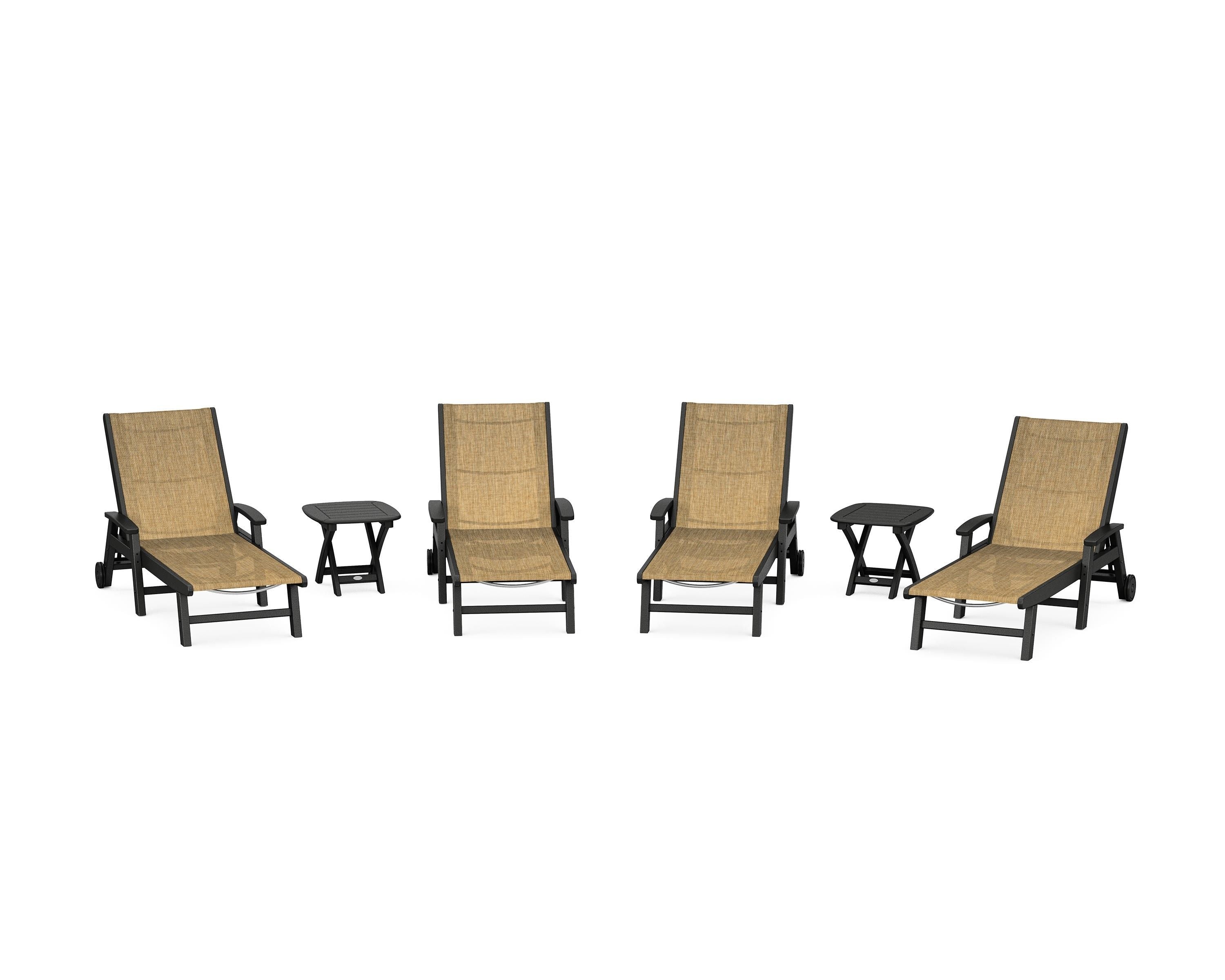 POLYWOOD® Coastal Chaise 6-Piece Set with Wheels in Black / Burlap Sling