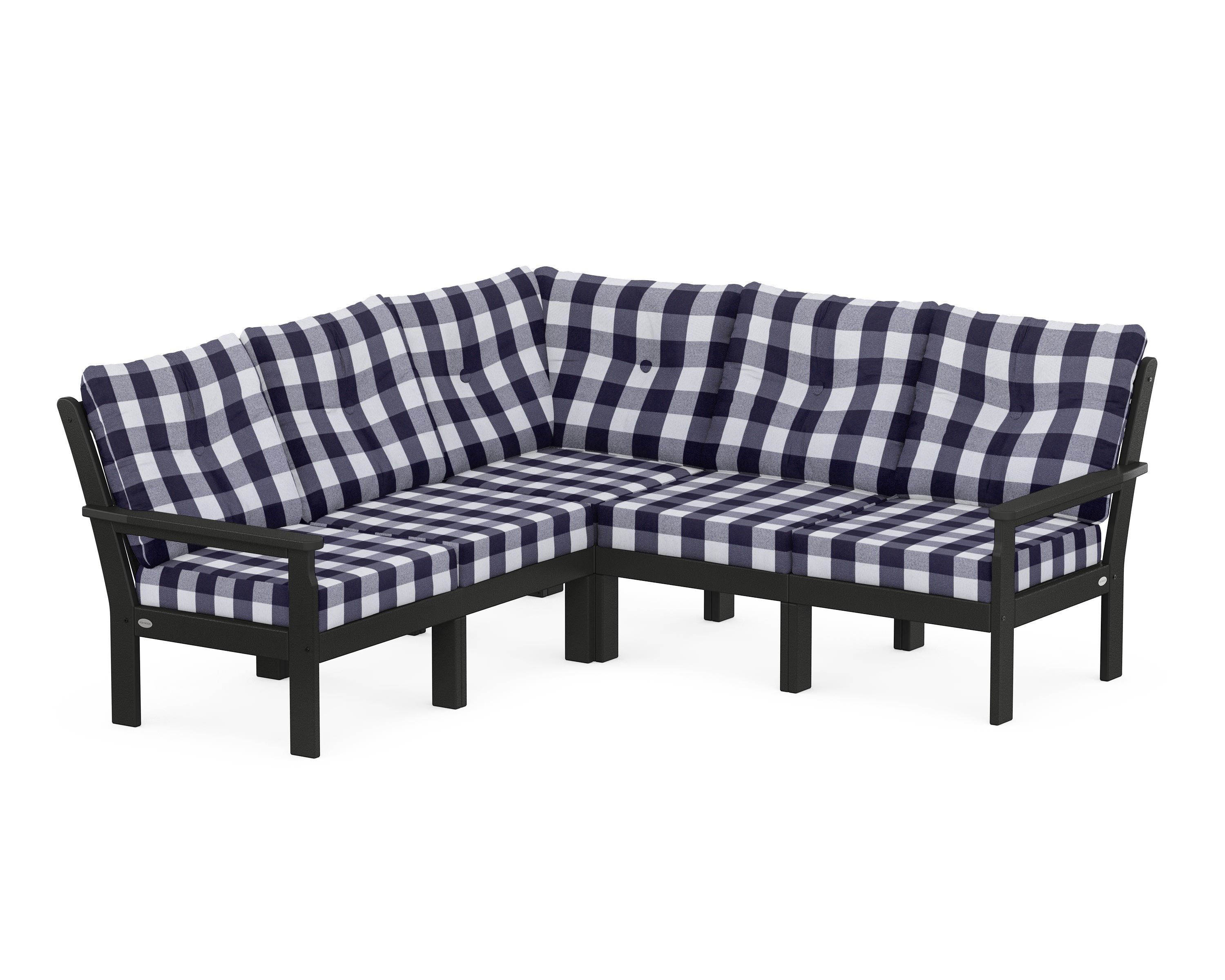 POLYWOOD® Vineyard 5-Piece Sectional in Black / Buffalo Plaid Navy