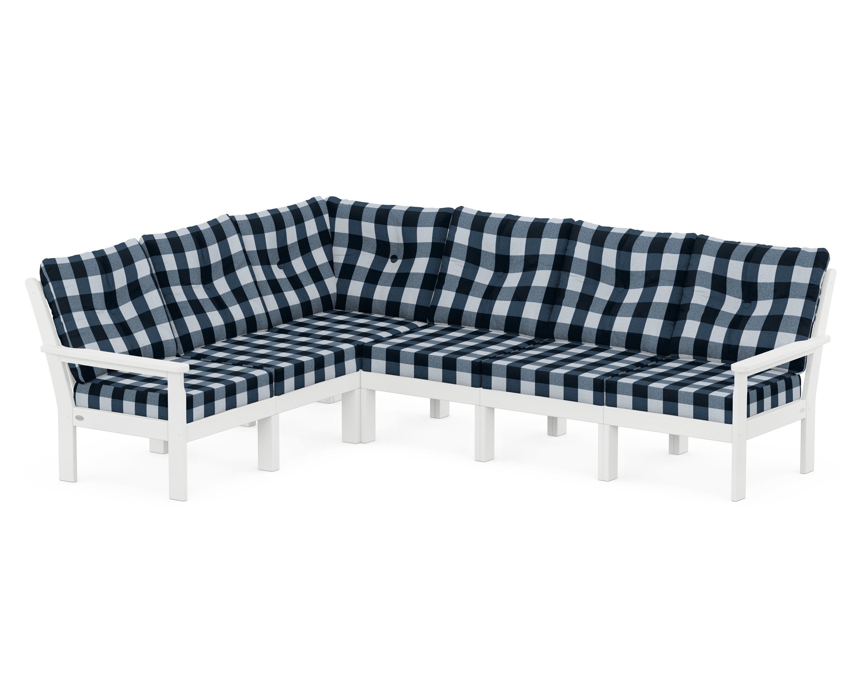 POLYWOOD® Vineyard 6-Piece Sectional in White / Buffalo Plaid Marine Indigo