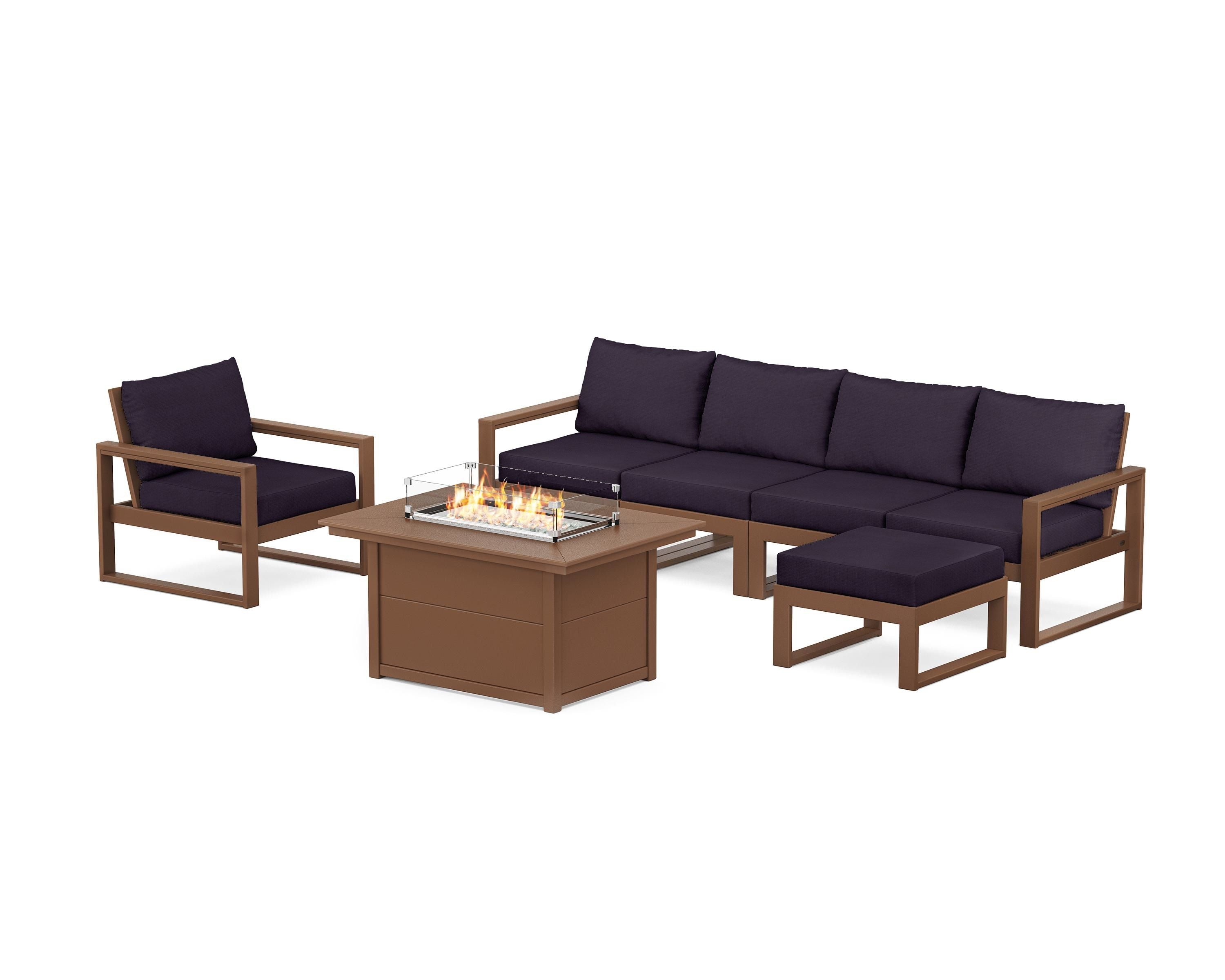 POLYWOOD® EDGE Sectional Lounge and Fire Pit Set in Teak / Navy Linen
