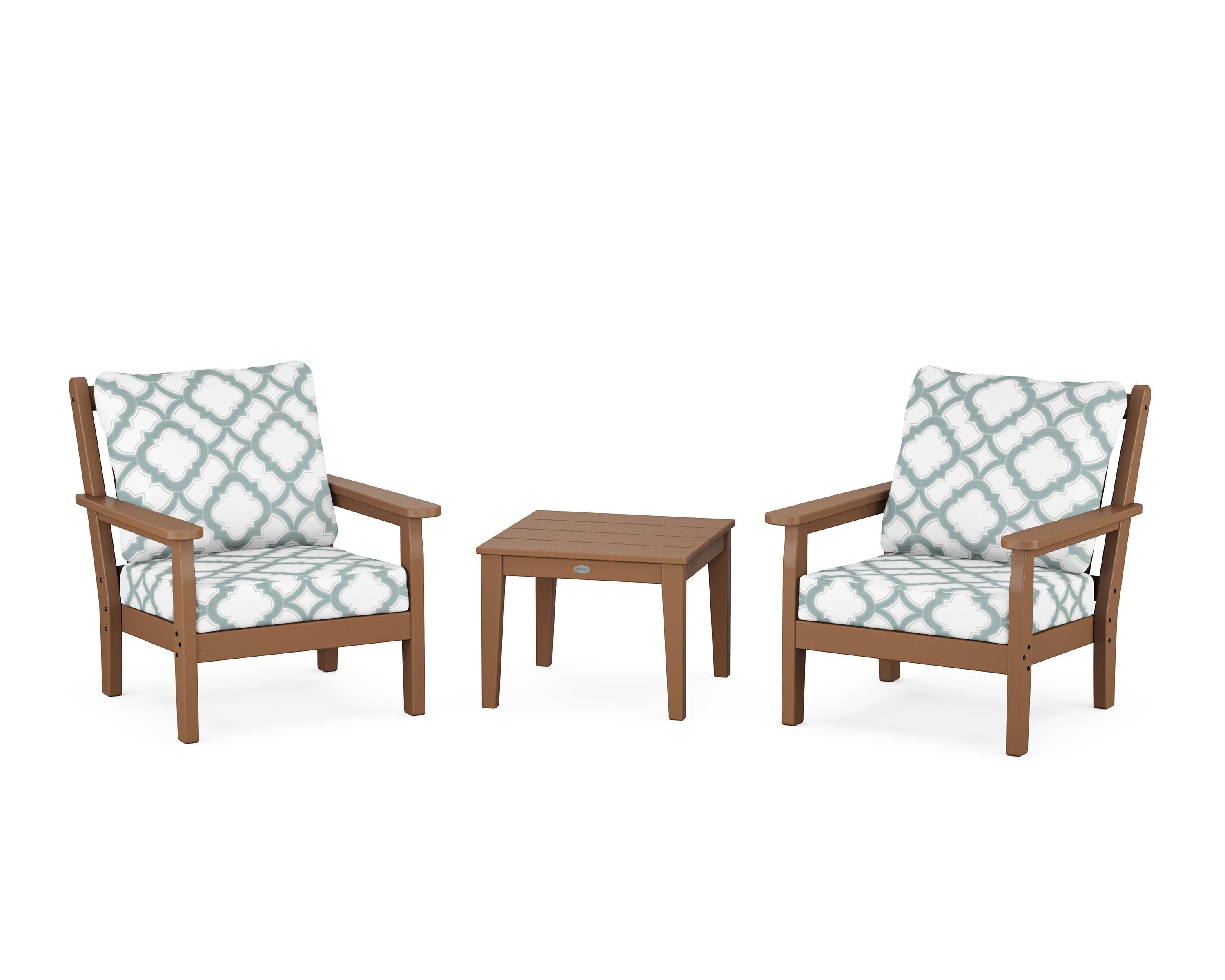 POLYWOOD® Chippendale 3-Piece Deep Seating Set in Teak / Trellis Glacier Spa