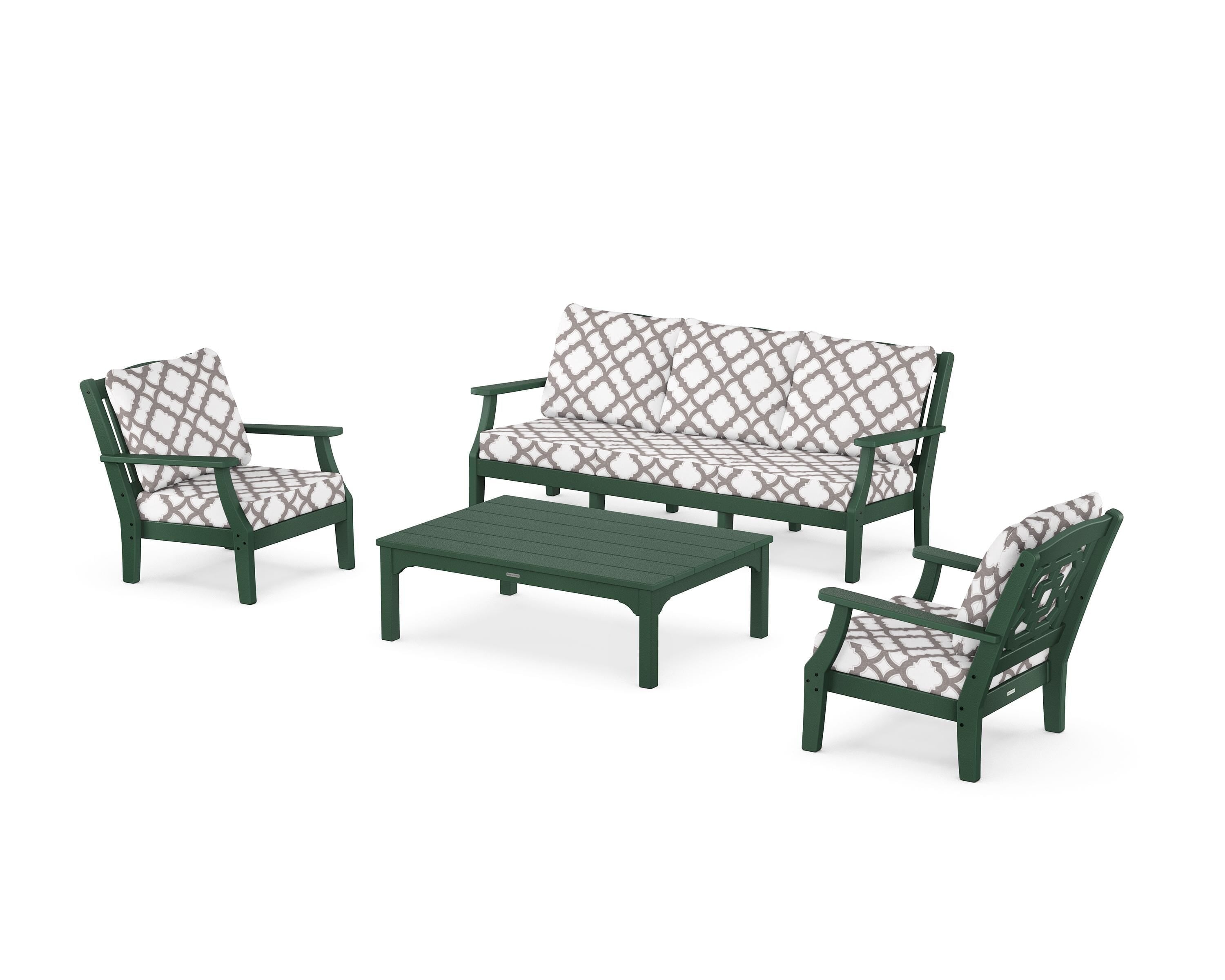 Martha Stewart by POLYWOOD® Chinoiserie 4-Piece Deep Seating Set with Sofa in Green / Trellis Grey Mist