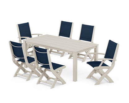 POLYWOOD® Coastal Folding Chair 7-Piece Parsons Dining Set in Sand / Navy Blue Sling