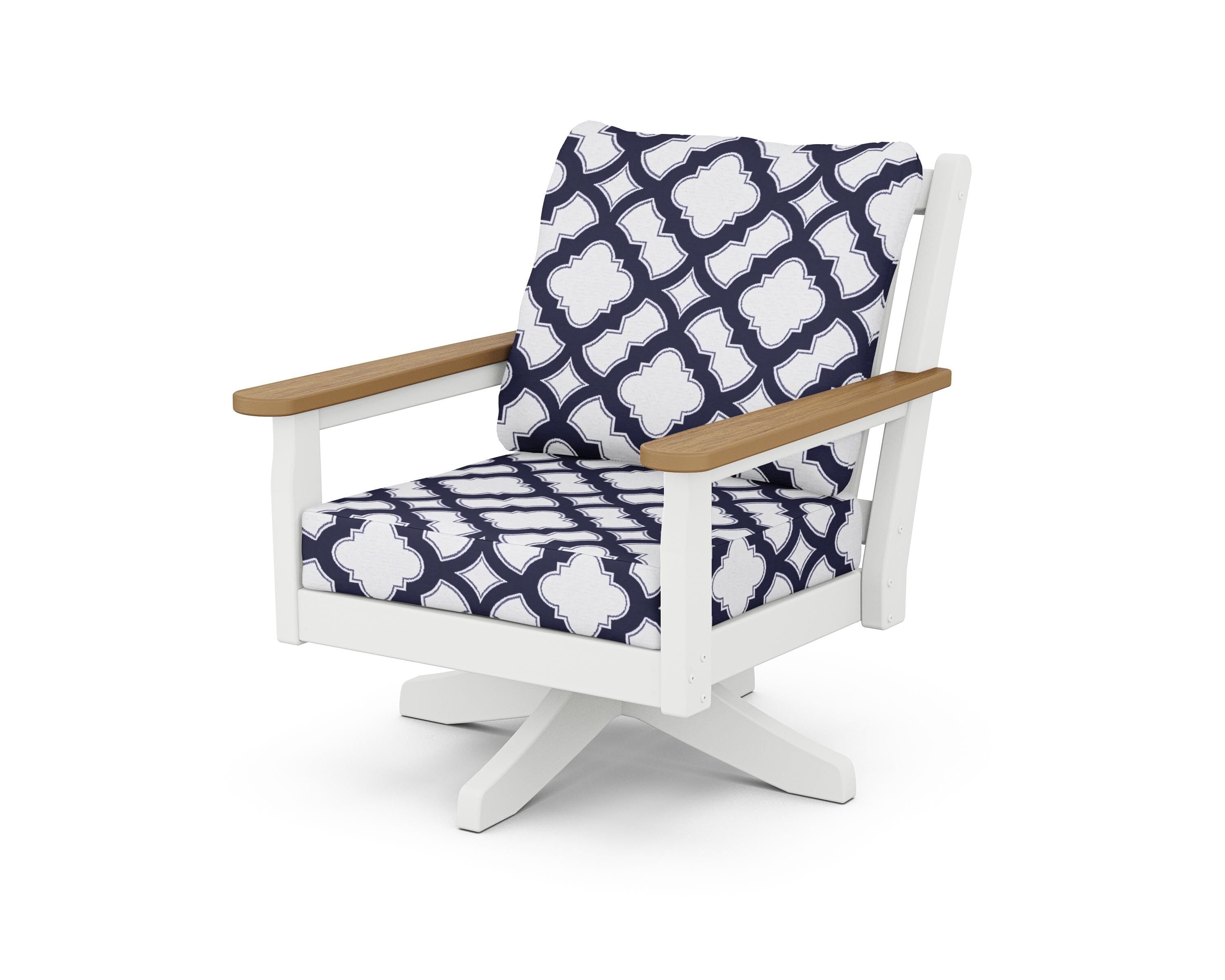POLYWOOD® Chippendale Deep Seating Swivel Chair in White / Natural / Trellis Navy