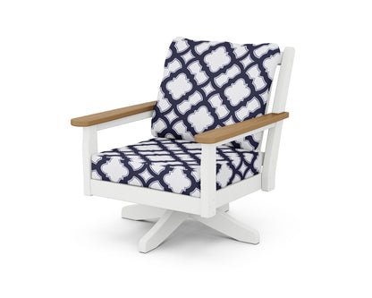 POLYWOOD® Chippendale Deep Seating Swivel Chair in White / Natural / Trellis Navy