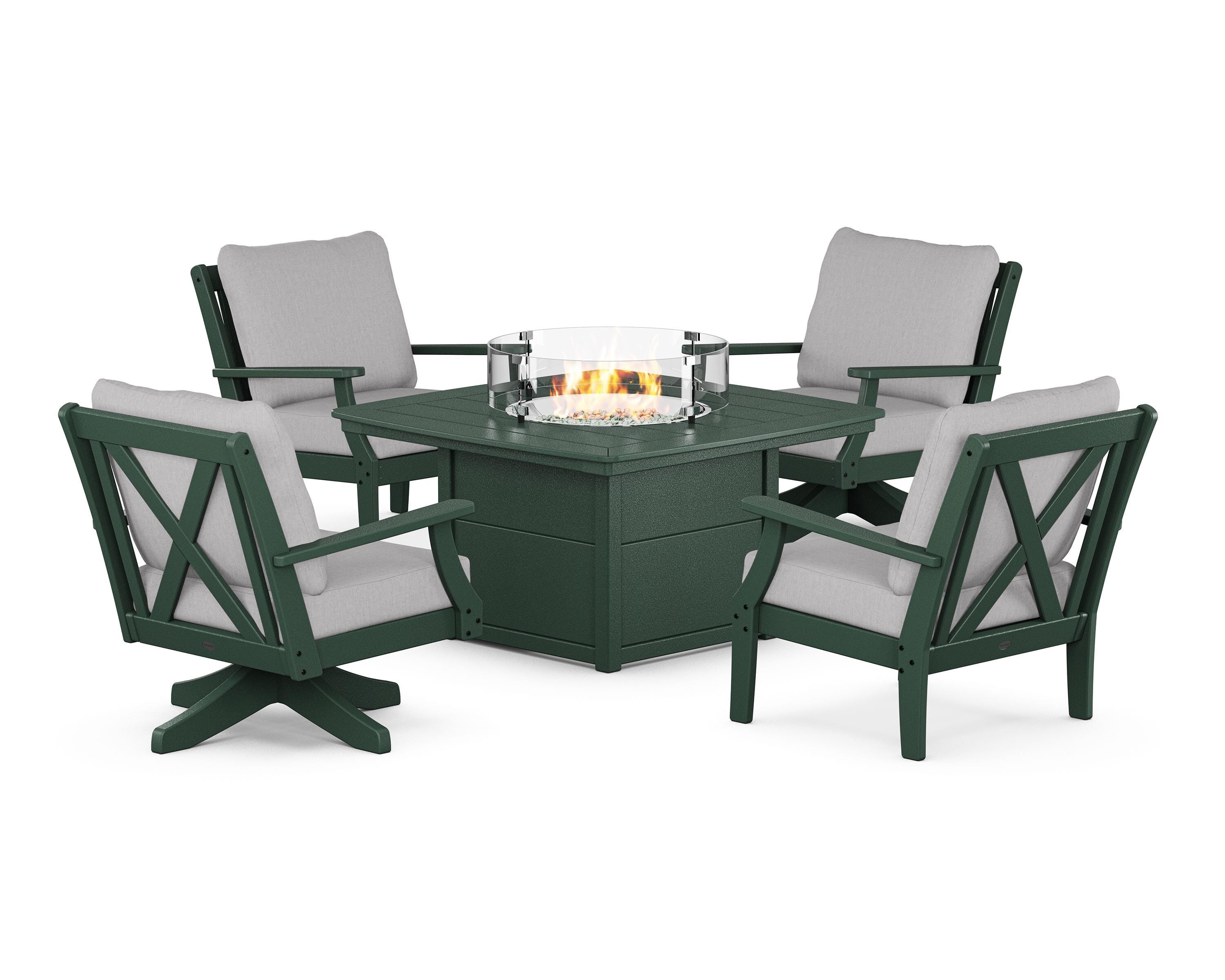 POLYWOOD® Braxton 5-Piece Deep Seating Set with Fire Table in Green / Granite