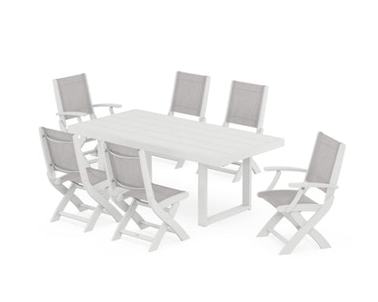 POLYWOOD® Coastal Folding Chair 7-Piece Dining Set with Trestle Legs in White / Parchment Sling
