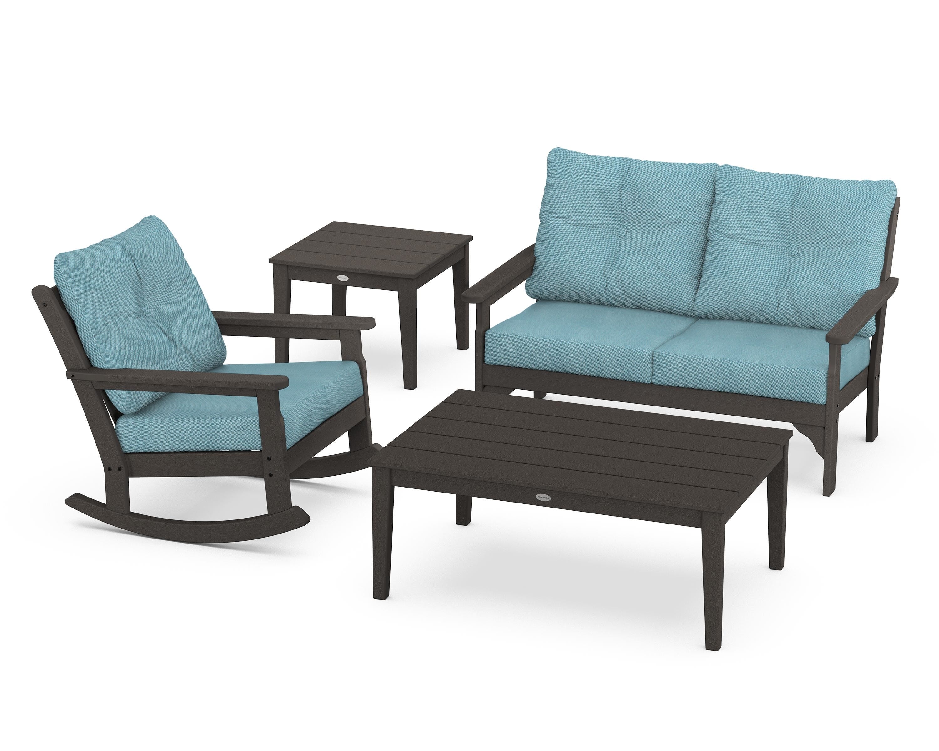 POLYWOOD® Vineyard 4-Piece Deep Seating Rocker Set in Vintage Coffee / Lattice Sky Blue
