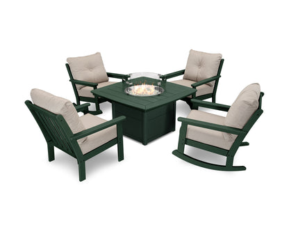 POLYWOOD® Vineyard 5-Piece Deep Seating Rocking Chair Conversation Set with Fire Pit Table in Green / Cast Ash