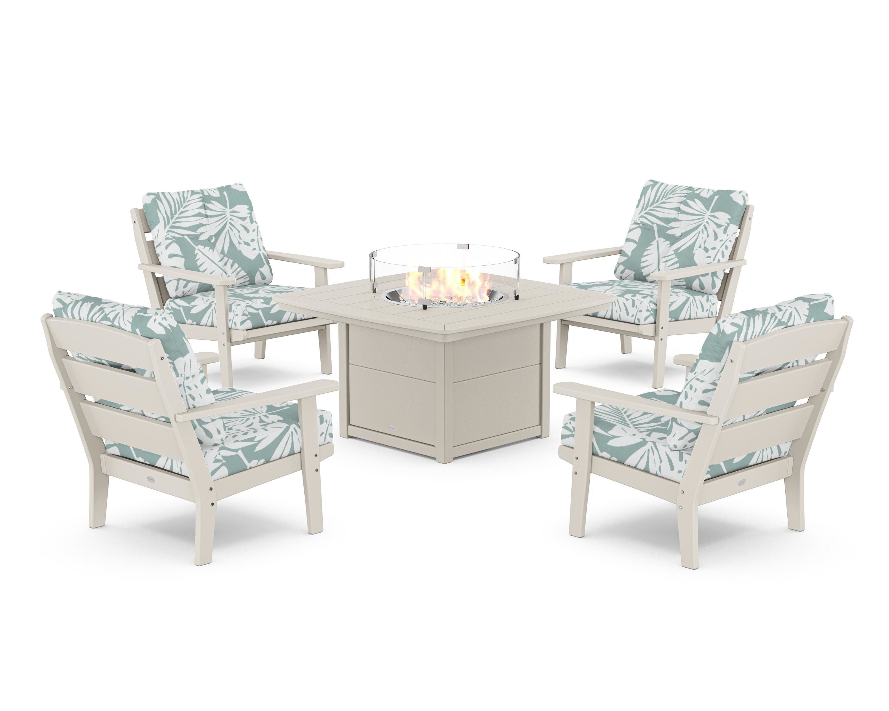 POLYWOOD® Lakeside 5-Piece Deep Seating Set with Nautical Fire Pit Table in Sand / Leaf Glacier Spa