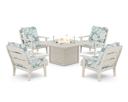 POLYWOOD® Lakeside 5-Piece Deep Seating Set with Nautical Fire Pit Table in Sand / Leaf Glacier Spa
