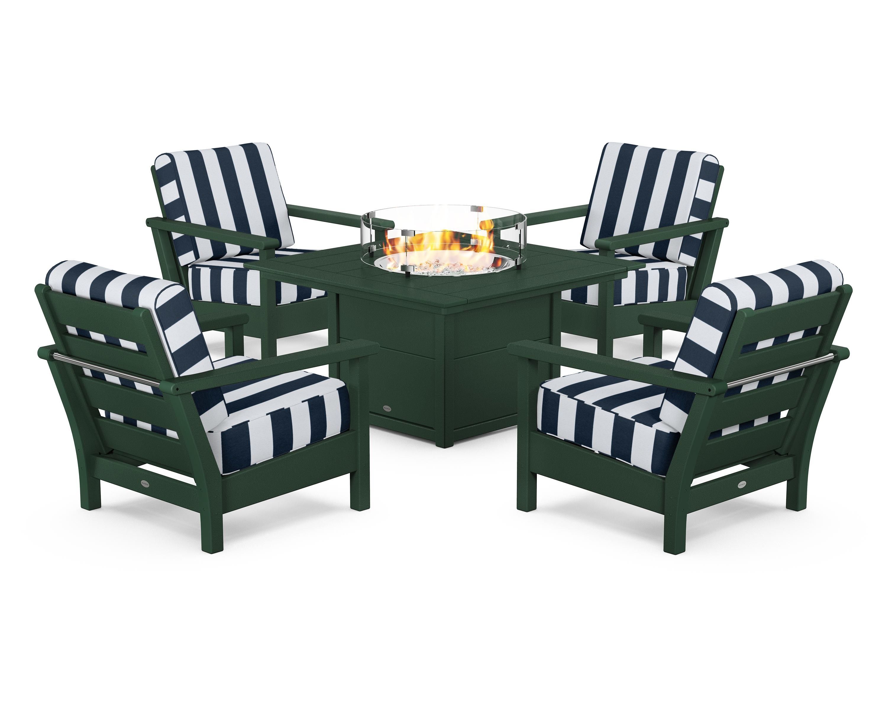 POLYWOOD® Harbour 5-Piece Conversation Set with Fire Pit Table in Green / Cabana Stripe Marine Indigo