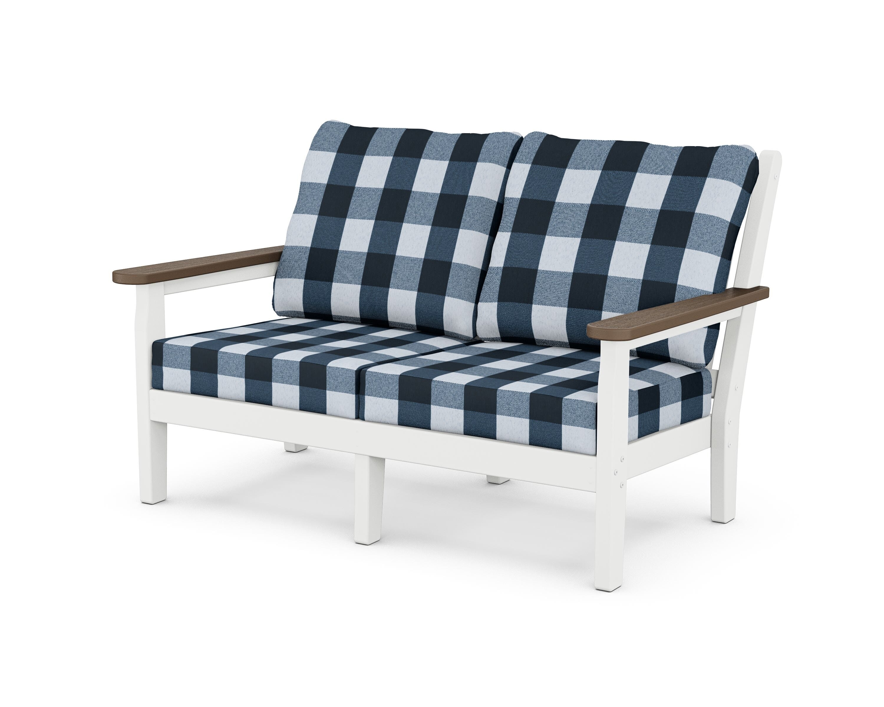 POLYWOOD® Chippendale Deep Seating Loveseat in White / Kona / Buffalo Plaid Marine Indigo