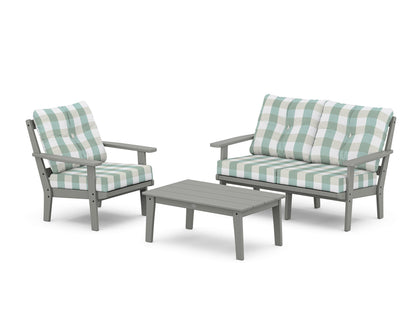 POLYWOOD® Oxford 3-Piece Deep Seating Set with Loveseat in Slate Grey / Buffalo Plaid Glacier Spa