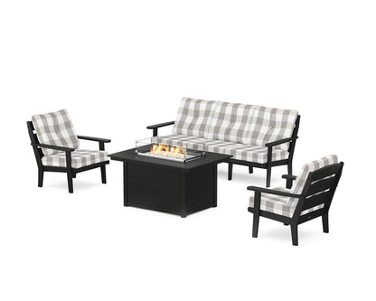 POLYWOOD® Lakeside Deep Seating Fire Pit Table Set in Black / Buffalo Plaid Grey Mist