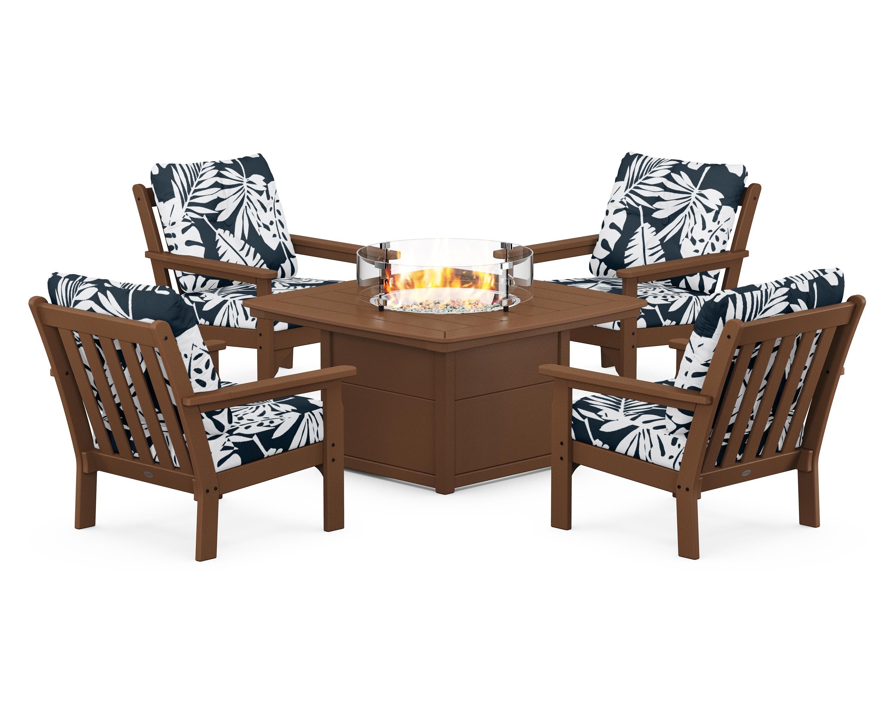 POLYWOOD® Vineyard 5-Piece Conversation Set with Fire Pit Table in Teak / Leaf Marine Indigo