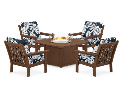 POLYWOOD® Vineyard 5-Piece Conversation Set with Fire Pit Table in Teak / Leaf Marine Indigo