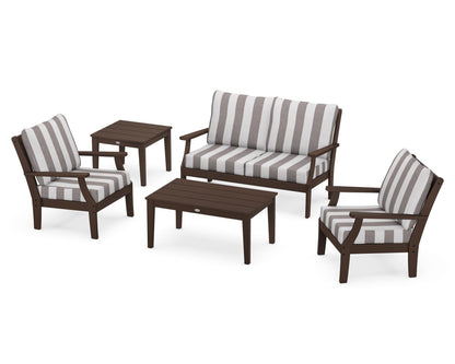 POLYWOOD® Braxton 5-Piece Deep Seating Set in Mahogany / Cabana Stripe Grey Mist
