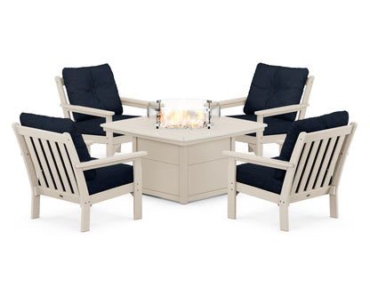 POLYWOOD® Vineyard 5-Piece Conversation Set with Fire Pit Table in Sand / Marine Indigo