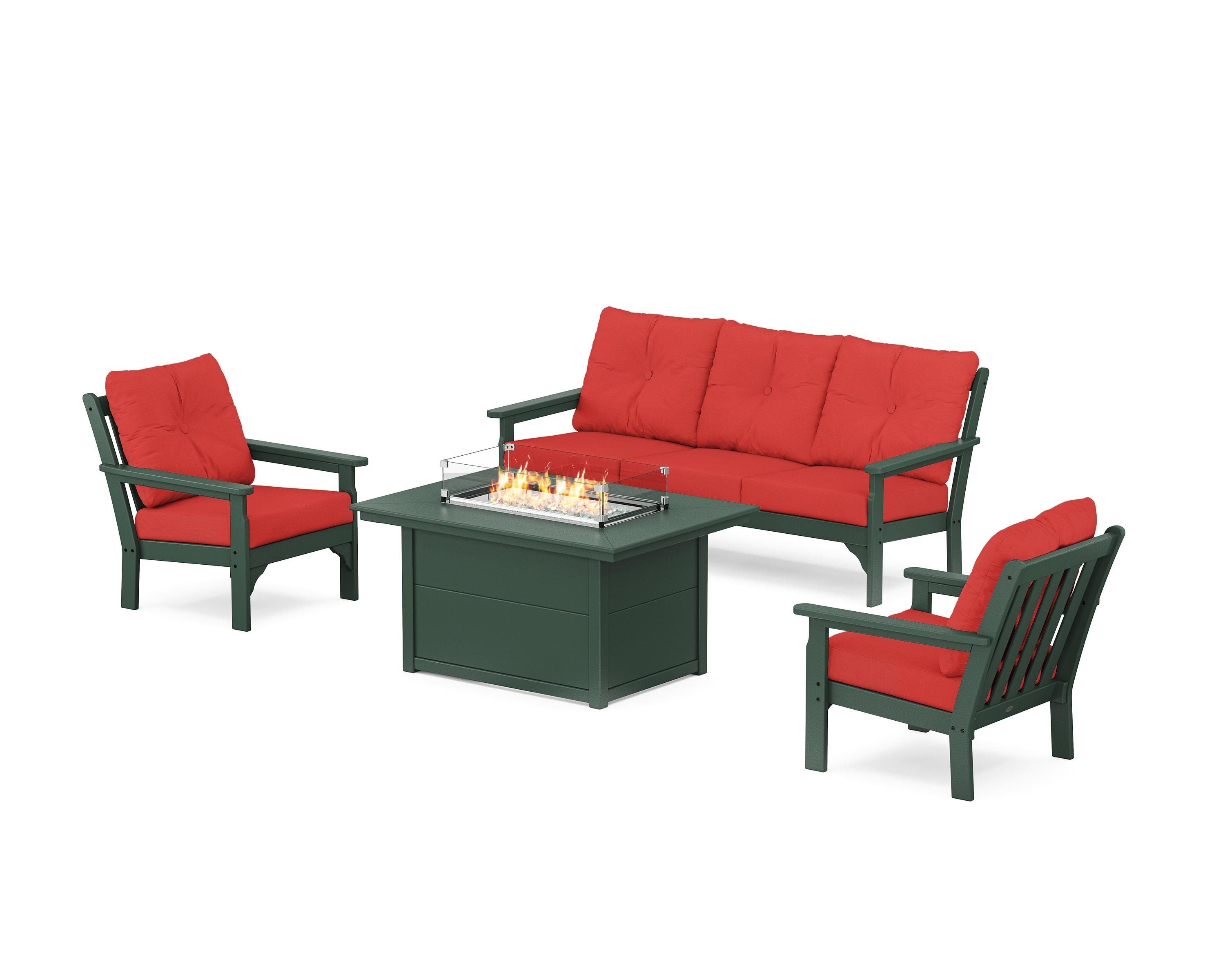 POLYWOOD® Vineyard Deep Seating Fire Pit Table Set in Green / Crimson Linen