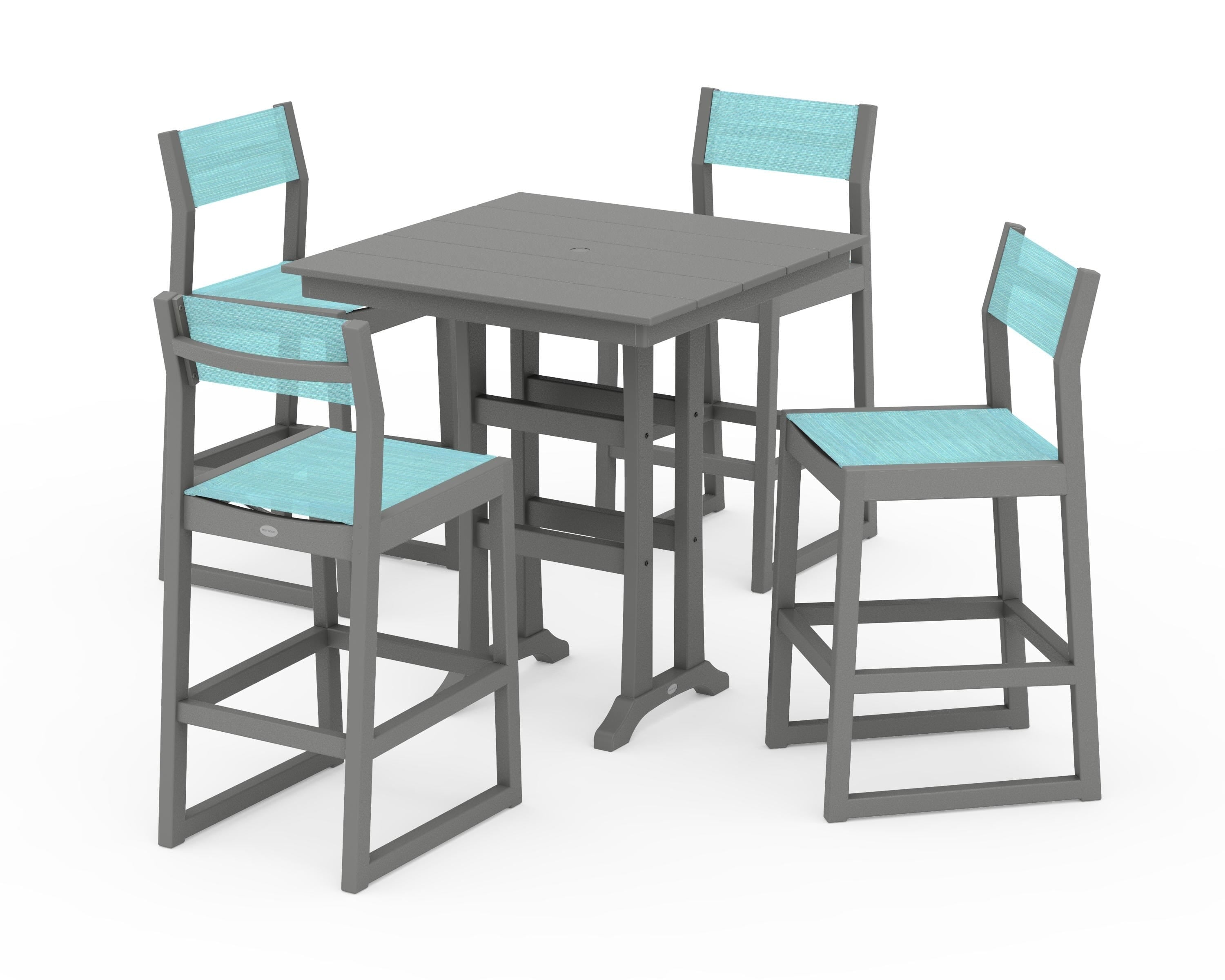 POLYWOOD® EDGE Sling Arm Chair 5-Piece Farmhouse Bar Set with Trestle Legs in Slate Grey / Dupioni Aquamarine Sling