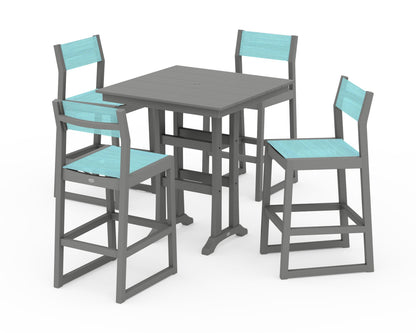 POLYWOOD® EDGE Sling Arm Chair 5-Piece Farmhouse Bar Set with Trestle Legs in Slate Grey / Dupioni Aquamarine Sling