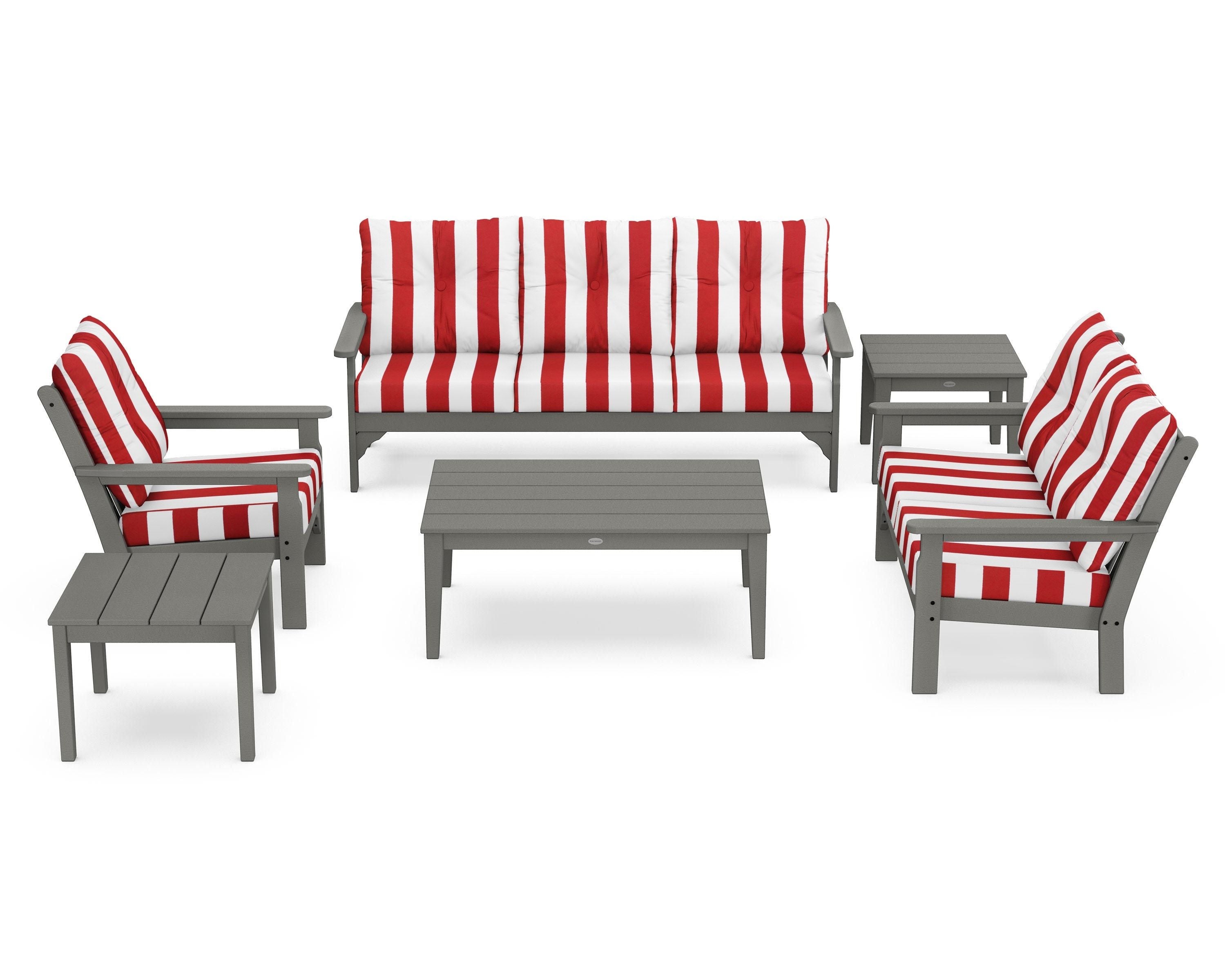 POLYWOOD® Vineyard 6-Piece Deep Seating Set in Slate Grey / Cabana Stripe Crimson