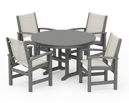 POLYWOOD® Coastal 5-Piece Round Farmhouse Dining Set in Slate Grey / Parchment Sling