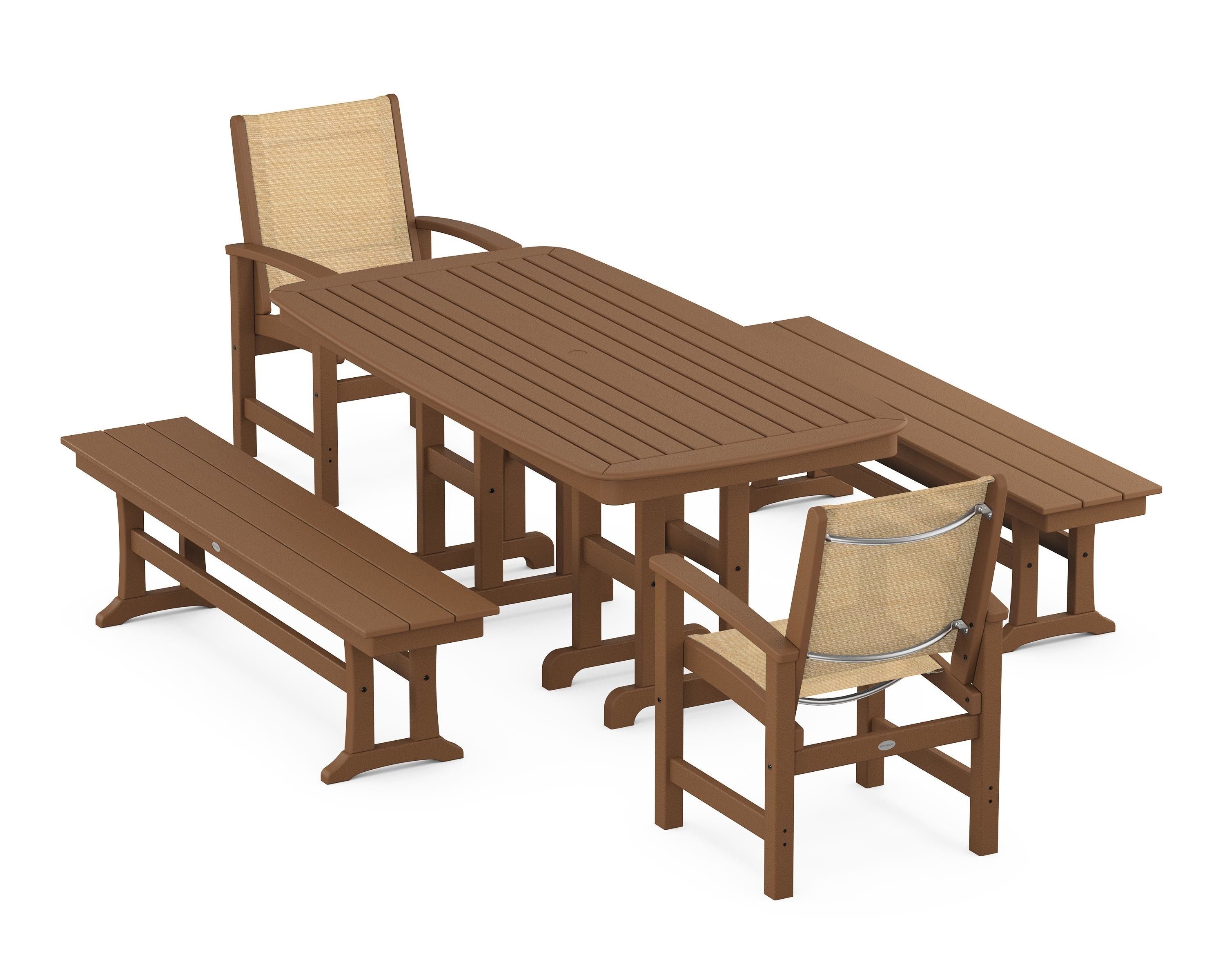 POLYWOOD® Coastal 5-Piece Dining Set in Teak / Dupioni Apricot Sling