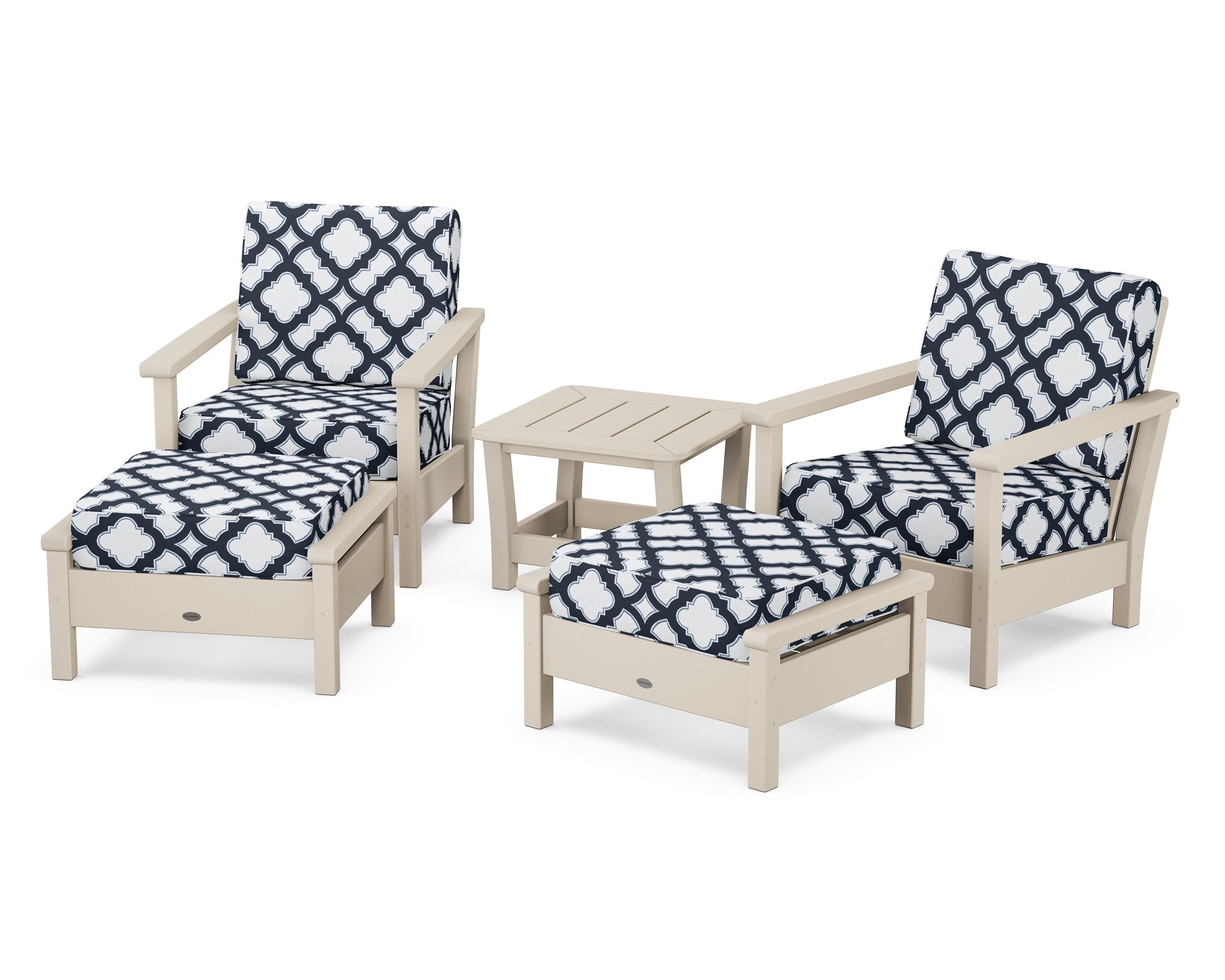 POLYWOOD® Harbour 5-Piece Deep Seating Chair Set in Sand / Trellis Marine Indigo