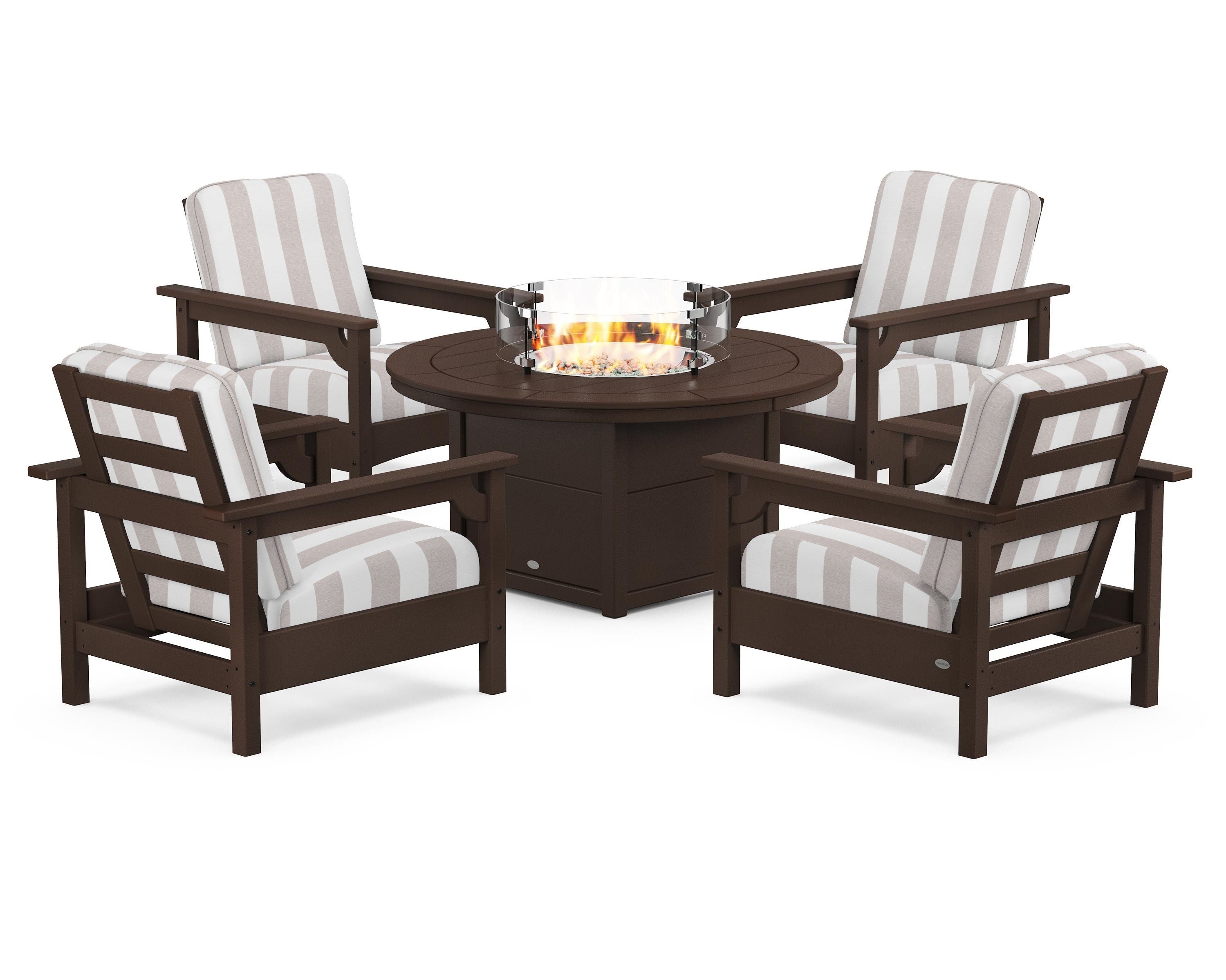 POLYWOOD® Club 5-Piece Conversation Set with Fire Pit Table in Mahogany / Cabana Stripe Dune Burlap