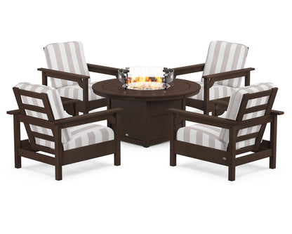 POLYWOOD® Club 5-Piece Conversation Set with Fire Pit Table in Mahogany / Cabana Stripe Dune Burlap