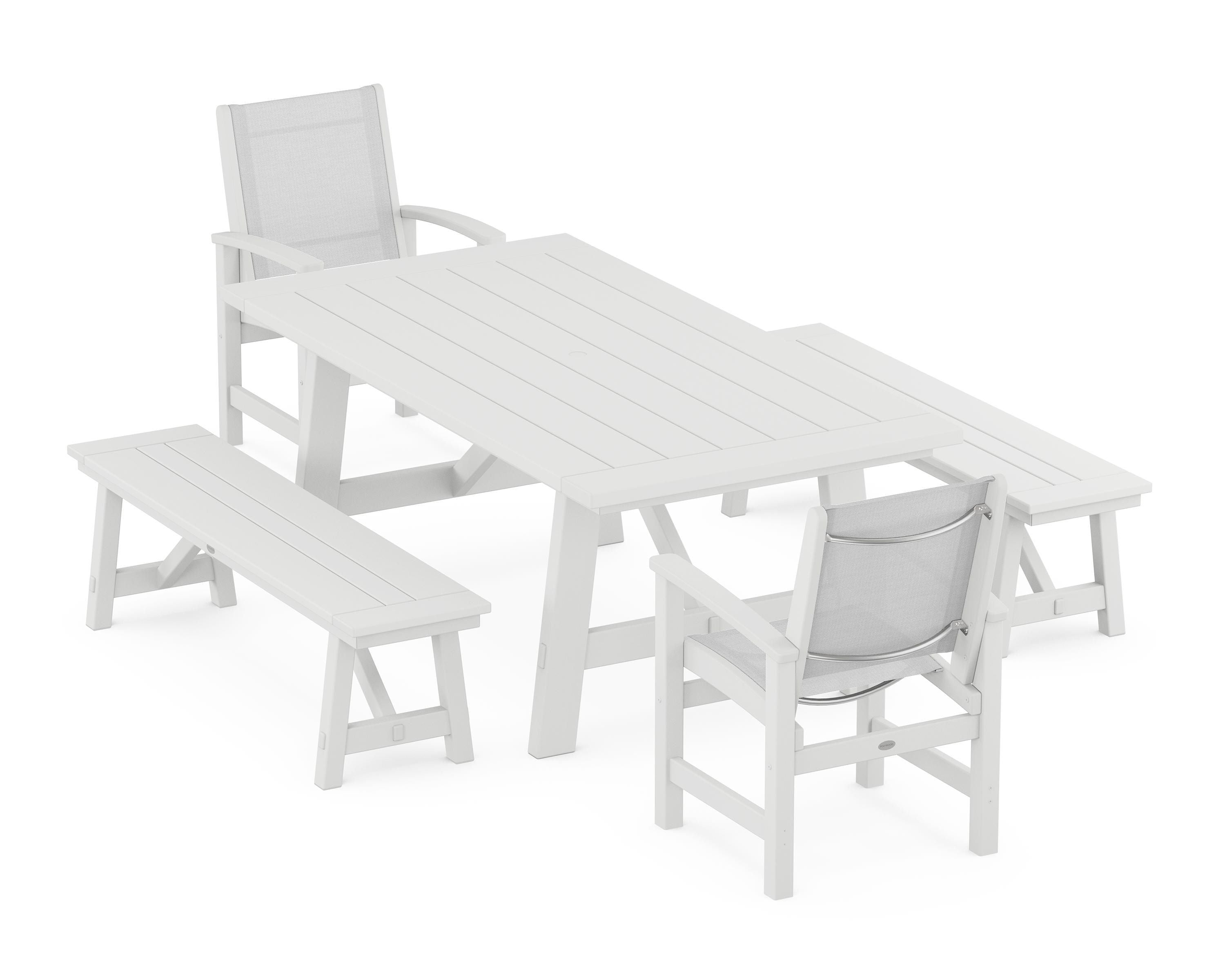 POLYWOOD® Coastal 5-Piece Rustic Farmhouse Dining Set With Benches in White / White Sling