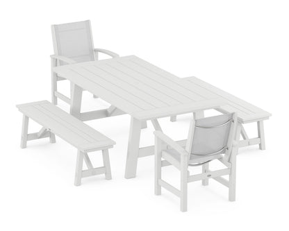 POLYWOOD® Coastal 5-Piece Rustic Farmhouse Dining Set With Benches in White / White Sling
